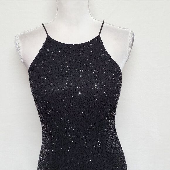 VINTAGE Marina B Black Sequin Beaded Side Slit Sleeveless Formal Maxi Dress 14 - Picture 5 of 16